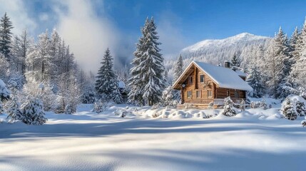 Snow-Covered Cabin in a Winter Wonderland