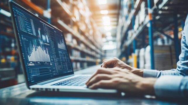 Manager working on a laptop, analyzing inventory data and managing logistics operations in a modern warehouse