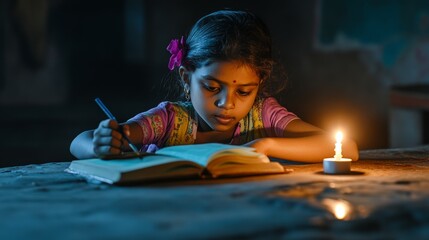 A child studying by candlelight symbolizing limited access to electricity and resources in rural areas