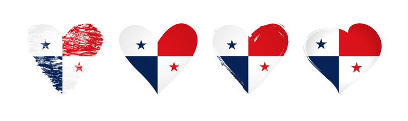 Love Panama collection of stickers. Set of isolated heart symbols with Panamanian flag inside and clipping mask. Tourism logo design. Brushing stroke graphic style elements. Set of cute hearts.