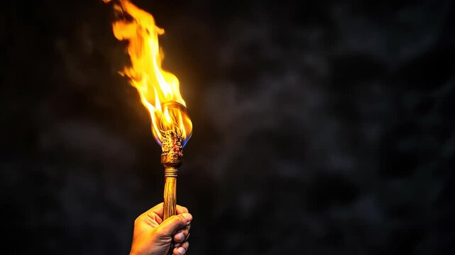 A hand holds a burning torch in the darkness, illuminating the night