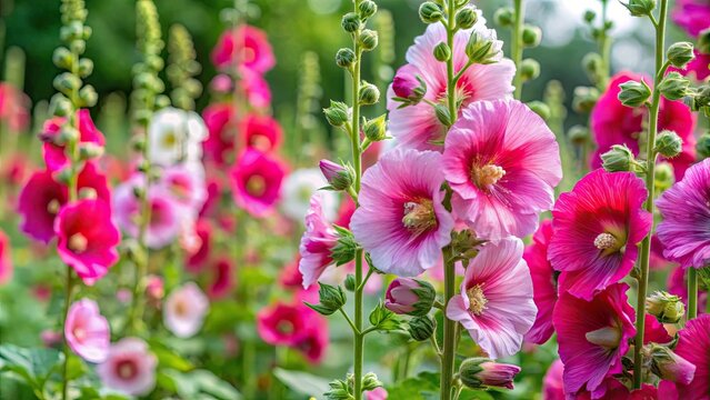 Blooming hollyhocks Alcea in full bloom during summer , garden, flowers, vibrant, petals, nature, plant, beauty, colorful