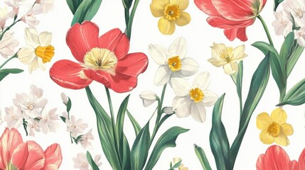 Colorful Floral Pattern with Tulips and Daffodils