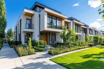 Charming modern townhouse row with manicured gardens, showcasing contemporary architectural elegance and urban living.