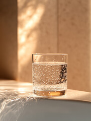 Glass of sparkling water on a sunny surface