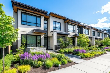 Charming modern townhouse row with manicured gardens, showcasing contemporary architectural elegance and urban living.