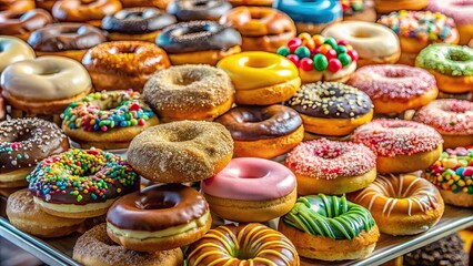 Delicious and colorful assortment of donuts on a display stand at a National Donut Day celebration , National Donut Day, doughnut