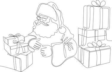 Outlined Cute Santa Claus Cartoon Character With A Sack Full Of Gifts. Vector Hand Drawn Illustration. One continuous line drawing Santa Claus on reindeer and sled. concept for Christmas and New Year