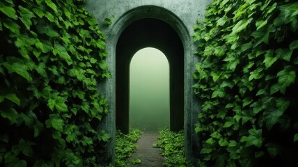 Overgrown Archway in an Abandoned Setting: Nature's Reclamation of Forgotten Spaces