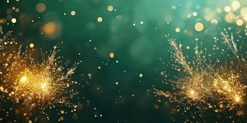 Fototapeta premium Happy New Year, Beautiful creative holiday background with fireworks and Sparkling on green background, space for text 