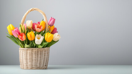 Obraz premium vibrant basket of colorful tulips in various shades, perfect for spring decor. arrangement features yellow, pink, and white flowers, adding cheerful touch to any space