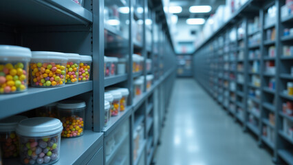Fototapeta premium A well-stocked room with shelves full of colorful candies.