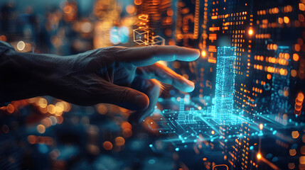 Hand pointing at digital virtual reality modern commercial building hologram. Real estate for investment building technology concept