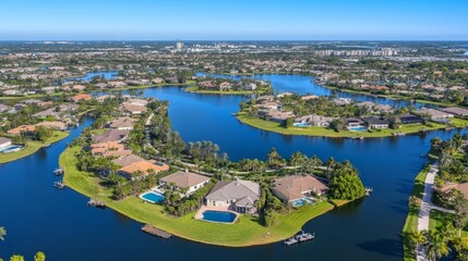 Fototapeta premium Aerial view of a picturesque residential area surrounded by water and greenery.