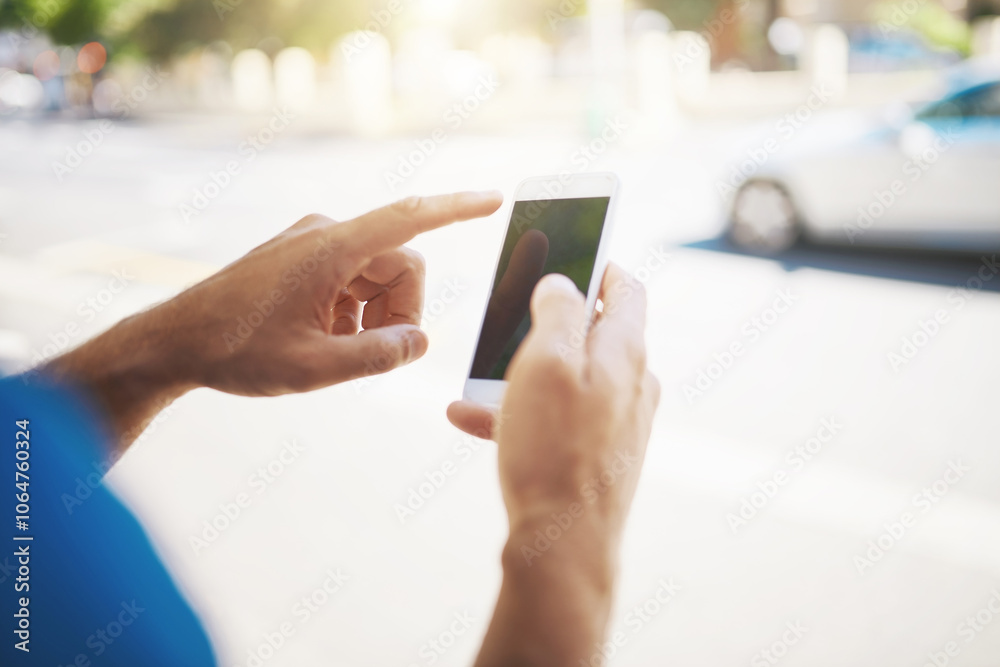 Poster man, hands or pointing with phone screen in city for travel, commute or navigation on transport app.