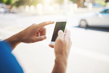 Man, hands or pointing with phone screen in city for travel, commute or navigation on transport app. Closeup, male person or user with mobile smartphone display for UI, UX or cellular service in town