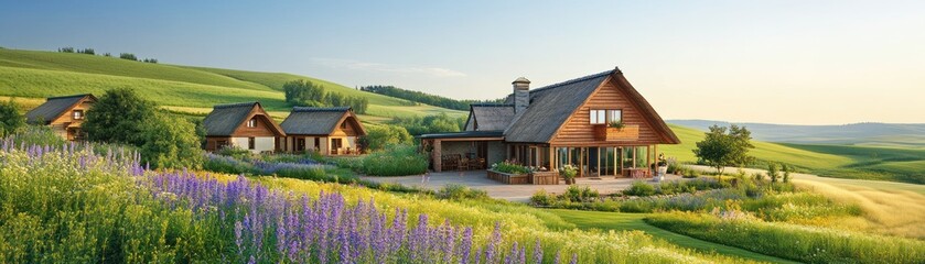 Fototapeta premium A serene landscape featuring a wooden house surrounded by lush greenery and colorful flowers.