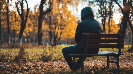 Fototapeta premium A person sitting on a bench in a park looking contemplative symbolizing the inner struggles of mental health challenges