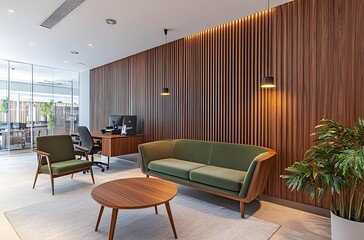 Fototapeta premium Modern Office Lounge with Green Sofa, Wooden Wall, and Plant