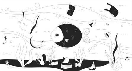 Underwater trash with fish floating black and white line illustration. Marine debris with sad seafish 2D character monochrome background. Aquatic rubbish endangered undersea outline vector image