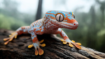 Close-up of a vibrant gecko with bright orange, blue, and white patterns perched on a textured wooden surface, against a blurred natural background.