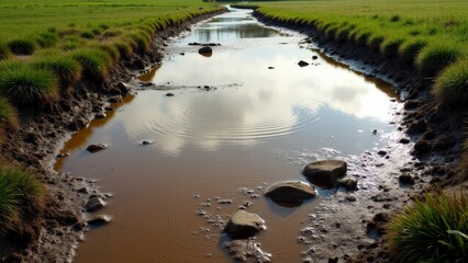 Mud puddle visuals of a quiet field puddle, displaying swirling mud and organic textures after a rainstorm