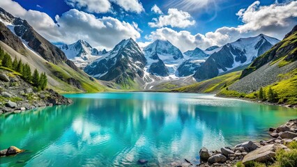 Panorama of calm turquoise mountain lake Karakabak in Altai with glaciers and snow , Panorama, mountain lake, calm