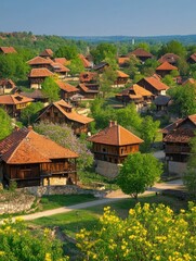 A scenic view of a traditional village with wooden houses and lush greenery.