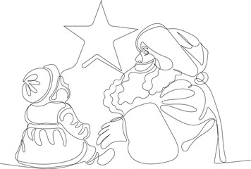 Outlined Cute Santa Claus Cartoon Character With A Sack Full Of Gifts. Vector Hand Drawn Illustration. One continuous line drawing Santa Claus on reindeer and sled. concept for Christmas and New Year