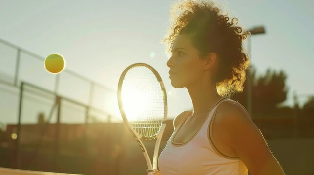 Focused Woman Playing Tennis During a Sunny Match - Perfect for Sports Promotions and Fitness Campaigns