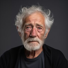 Studio headshot of bored old man in casual outfit with diverse background