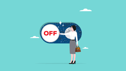 businesswoman pushing toggle switch off button slider bar illustration, day-night toggle button concept, day and nigh interface design, business operation concept illustration, off mode business
