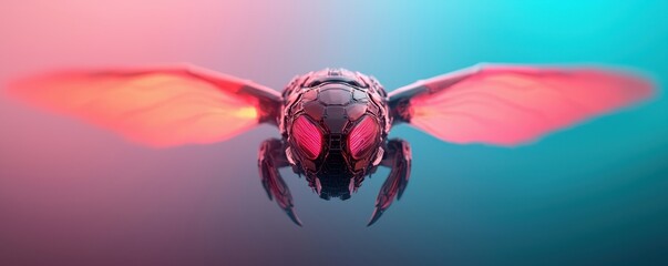 Futuristic Cyborg Insect with Glowing Wings in Neon Lights