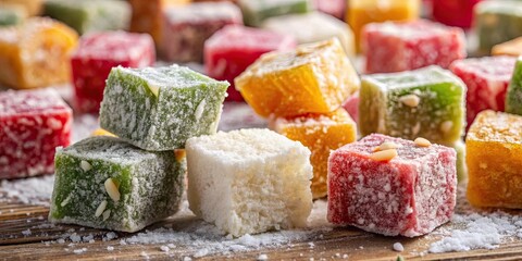 Close-up of small cut Turkish delights, lokum and coconut pieces , Turkish delights, lokum, coconut, dessert
