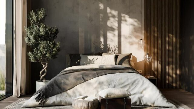 luxury bedroom with modern furniture, wooden floor, indoor plant, swinging curtain, 4k