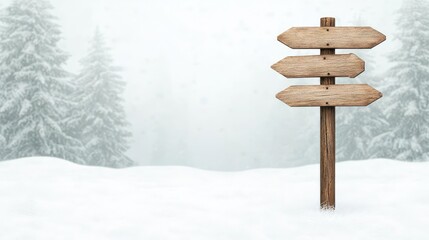 Wooden signpost in a snowy landscape, surrounded by frosty trees and a misty atmosphere, perfect for navigation and winter themes.