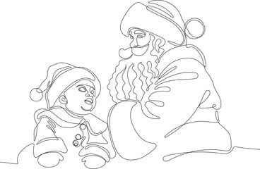 Outlined Cute Santa Claus Cartoon Character With A Sack Full Of Gifts. Vector Hand Drawn Illustration. One continuous line drawing Santa Claus on reindeer and sled. concept for Christmas and New Year