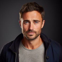 Fototapeta premium British man in relaxed attire with natural demeanor against a lively studio background