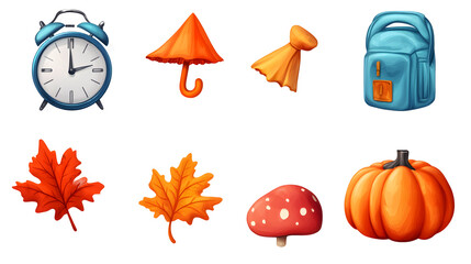 Autumn fun icons set isolated on transparent white background, png element. Colorful clipart alarm clock with falling leaves, umbrella, weather icons and mushroom pumpkin in glossy plastic style