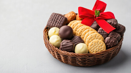 Delightful assortment of chocolates and cookies in woven basket, beautifully decorated with red bow, perfect for gifting or festive occasions