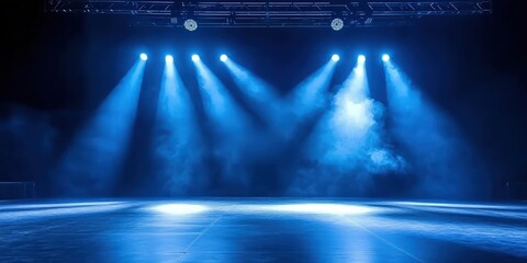 Free stage with lights and smoke, Empty stage with blue spotlights, conser, show, party, Presentation concept. dark navy blue spotlight strike on black background. banner design