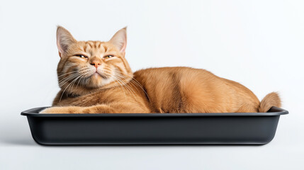 Ginger cat resting comfortably inside a black plastic container on a plain background, expressing a relaxed and serene demeanor.
