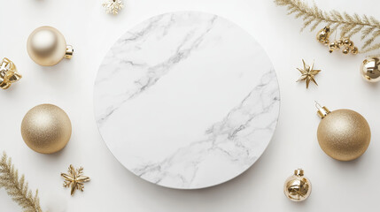 Fototapeta premium Empty White marble cosmetic podium product and Christmas golden decoration Product presentation scene for cosmetic or beauty product presentation on white background Top view