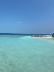 Naklejka premium Clear, shallow waters extending out towards the open sea, with a vivid gradient of blues. The horizon meets a cloudless sky, and the water is so transparent that the sandy bottom is visible.