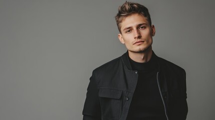 Obraz premium Portrait of a stylish young man in a sleek black jacket standing against a minimalistic grey background creating a sophisticated vibe
