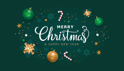Merry Christmas and happy new year on green background. Christmas letters, Gift boxes, Christmas balls. Christmas element for web, banners, greeting card, template design. Vector EPS10.