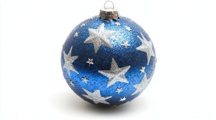 Classic blue Christmas ball with silver stars, isolated on a white background for a cool holiday vibe