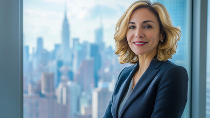 Fototapeta premium Smiling businesswoman in modern office with stunning new york city skyline view