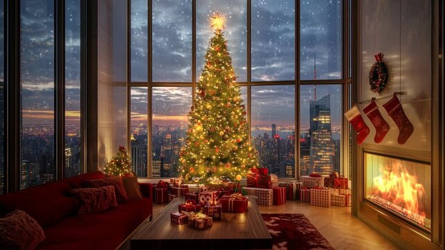 christmas decoration in a luxury modern skyscraper loft, bright christmas tree with present, fireplace with animated fire, 4k loop