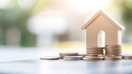 A wooden house model sits atop stacks of coins, symbolizing real estate investment, finance, and home ownership. The background is softly blurred, adding a professional touch.